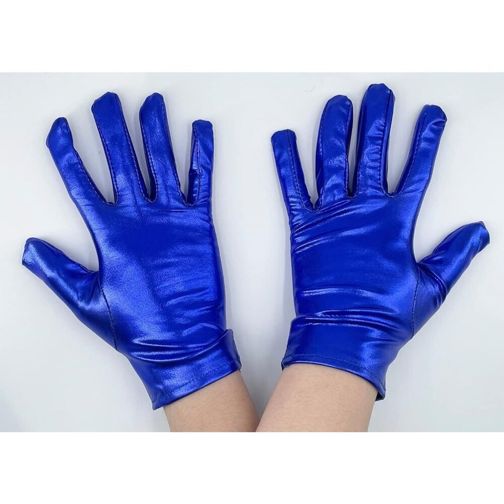 Women's Blue Shiny Metallic Wrist Gloves Cosplay Halloween Costume Accessories - Picture 3 of 4
